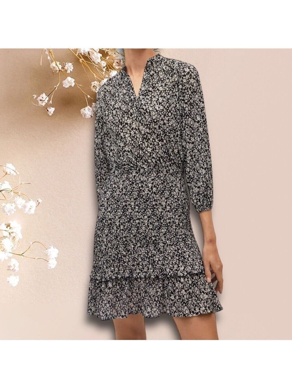 Mango Ruffled floral print dress black white Sz 6